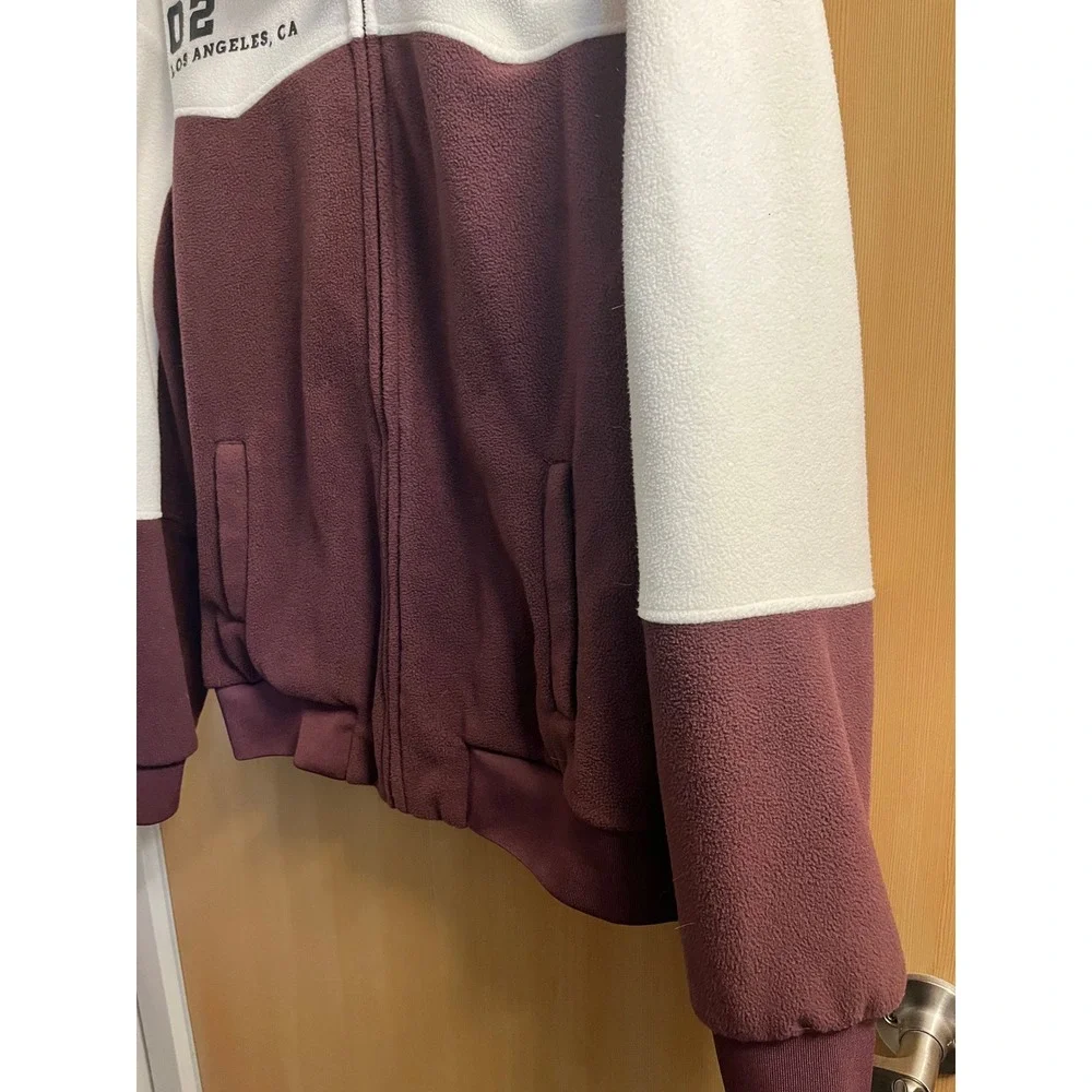 True Religion Fleece Track Jacket Mens Medium Burgundy Cream Colorblock Zip Up